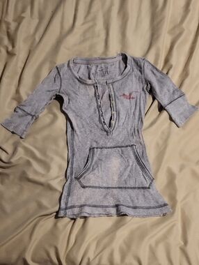 Hollister Light Gray Ribbed Long Sleeve Henley with Front Pocket